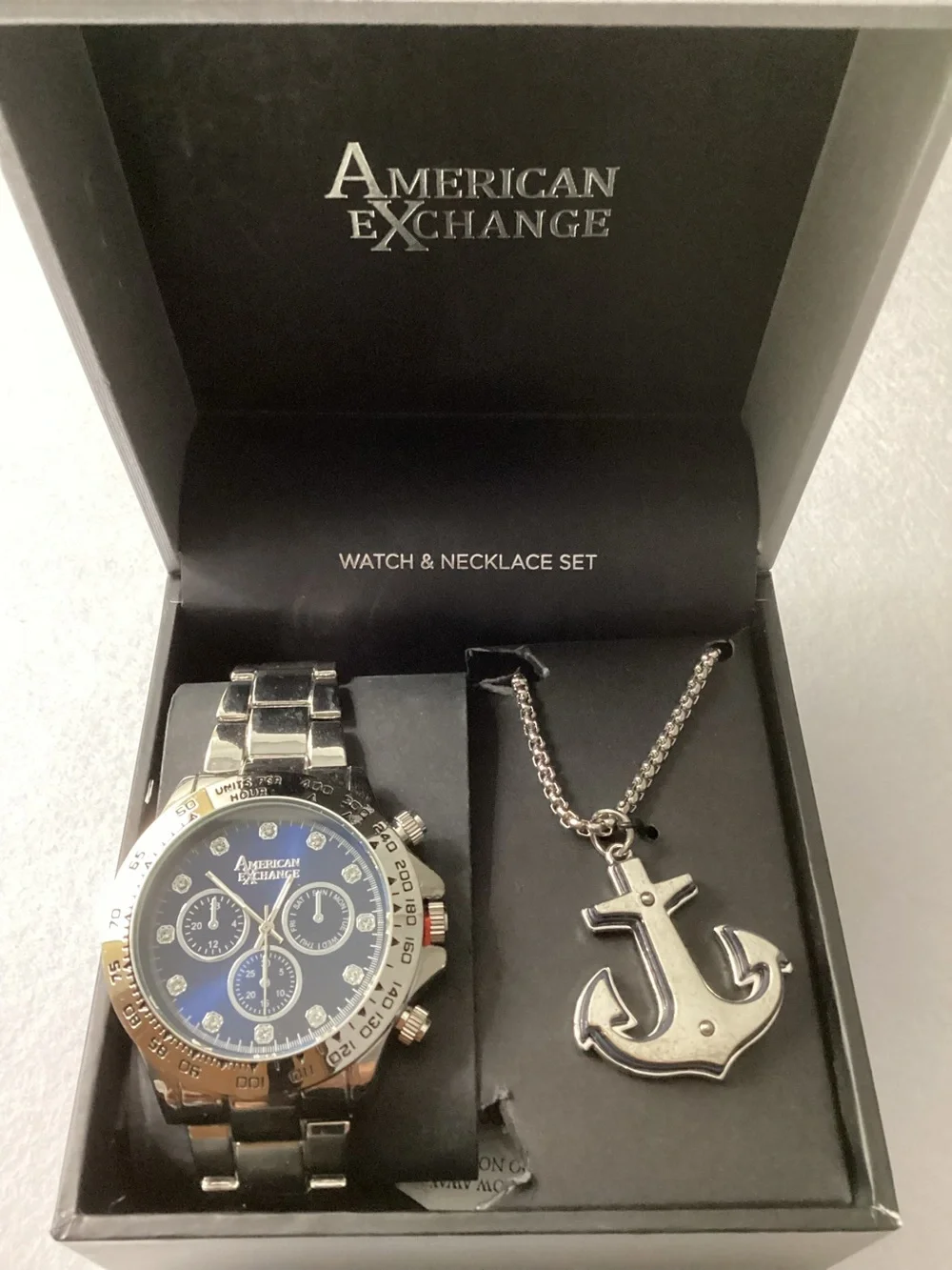 American Exchange Three-Hand Quartz Silver-Tone Metal Bracelet Watch 46mm Set
